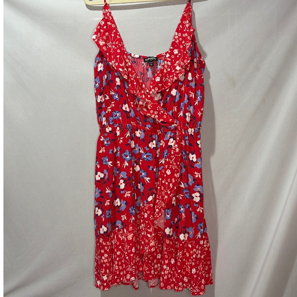 Express Red Floral Ruffle Faux Wrap Dress Sleeveless Rayon Size M